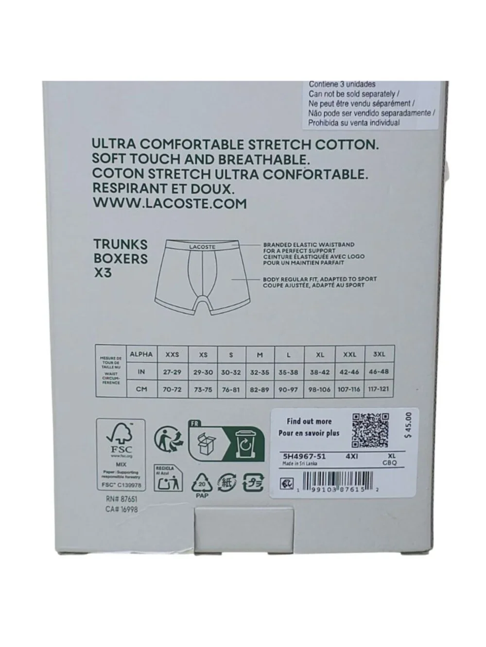 Lacoste Mens Cotton Stretch Trunk 3-Pack XL Comfortable Breathable Boxer Briefs